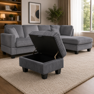Vienna Jumbo Cord L-Shaped Corner Sofa with Storage Ottoman Footstool & Drop Down Table in Grey - Image 5