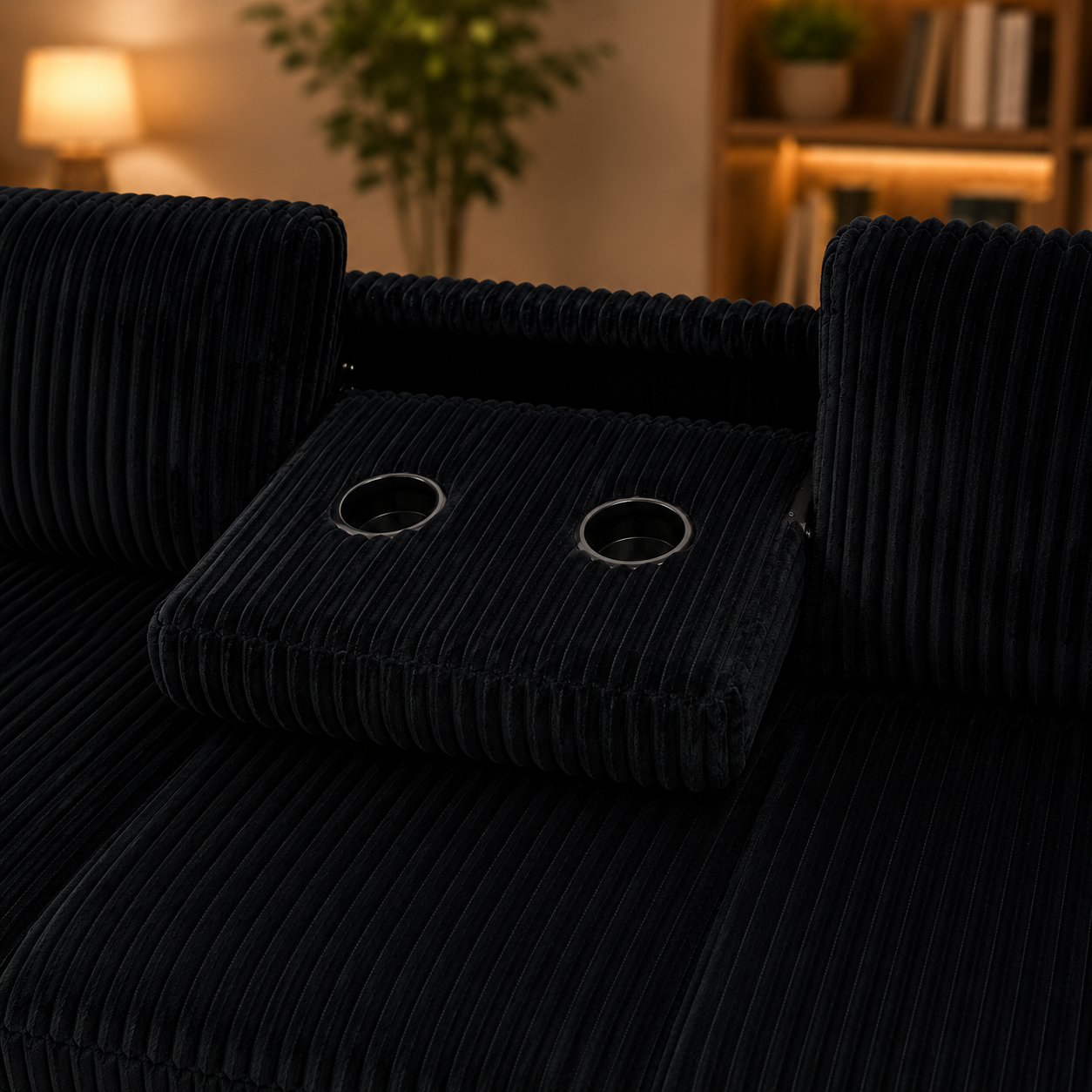 Vienna Jumbo Cord L-Shaped Corner Sofa with Storage Ottoman Footstool & Drop Down Table in Black Vienna Jumbo Cord L-Shaped Corner Sofa with Storage Ottoman Footstool & Drop Down Table in Black - Image 7