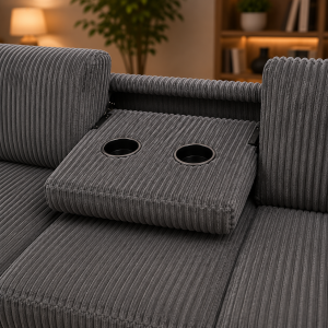 Vienna Jumbo Cord L-Shaped Corner Sofa with Storage Ottoman Footstool & Drop Down Table in Grey - Image 6
