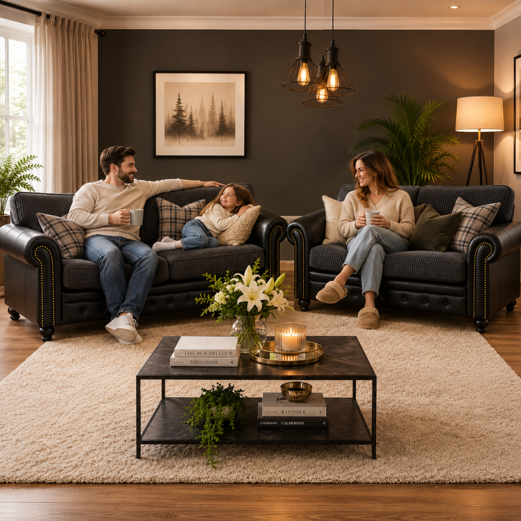 Woodland Jumbo Cord with Leather Accents 3+2 Sofa Set