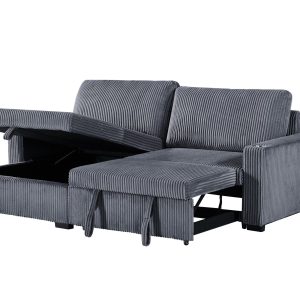 Florence Jumbo Cord L-Shape Sofa with Storage Chaise, Pullout Footrest and Built-in Cupholders in Grey - Image 5