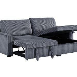 Florence Jumbo Cord L-Shape Sofa with Storage Chaise, Pullout Footrest and Built-in Cupholders in Grey - Image 4