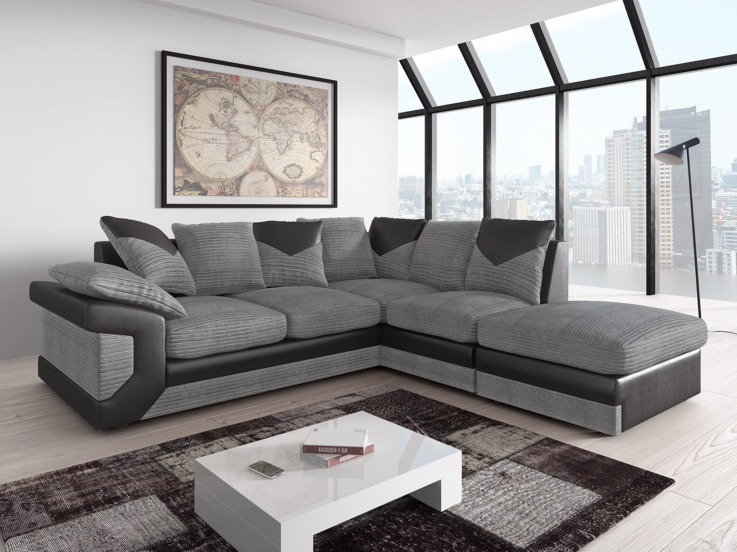 Dino Jumbo Cord with Leather 4-5 Seater Fabric Corner Sofa in Grey with Black Dino Jumbo Cord with Leather 4-5 Seater Fabric Corner Sofa in Grey with Black - Image 4