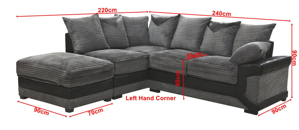 Dino Jumbo Cord with Leather 4-5 Seater Fabric Corner Sofa in Grey with Black