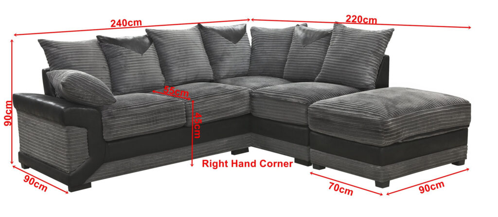 Dino Jumbo Cord with Leather 4-5 Seater Fabric Corner Sofa in Grey with Black