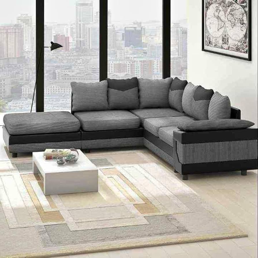 Dino Jumbo Cord with Leather 4-5 Seater Fabric Corner Sofa in Grey with Black Dino Jumbo Cord with Leather 4-5 Seater Fabric Corner Sofa in Grey with Black - Image 2