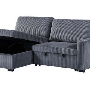 Florence Jumbo Cord L-Shape Sofa with Storage Chaise, Pullout Footrest and Built-in Cupholders in Grey - Image 9